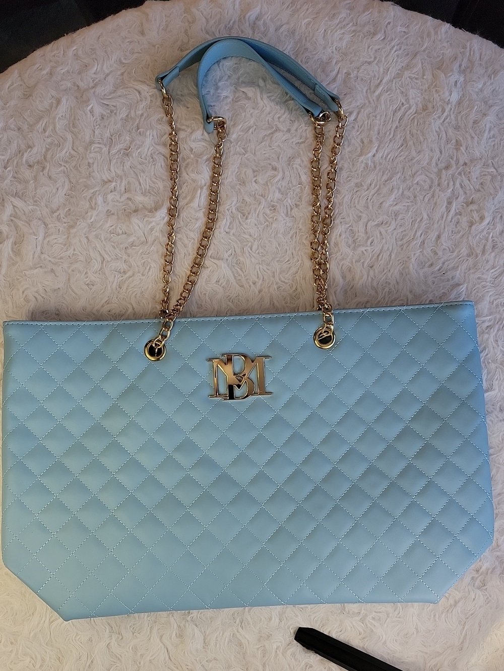 Badgley Mischka Cinderella Blue Quilted Tote with Gold Chains